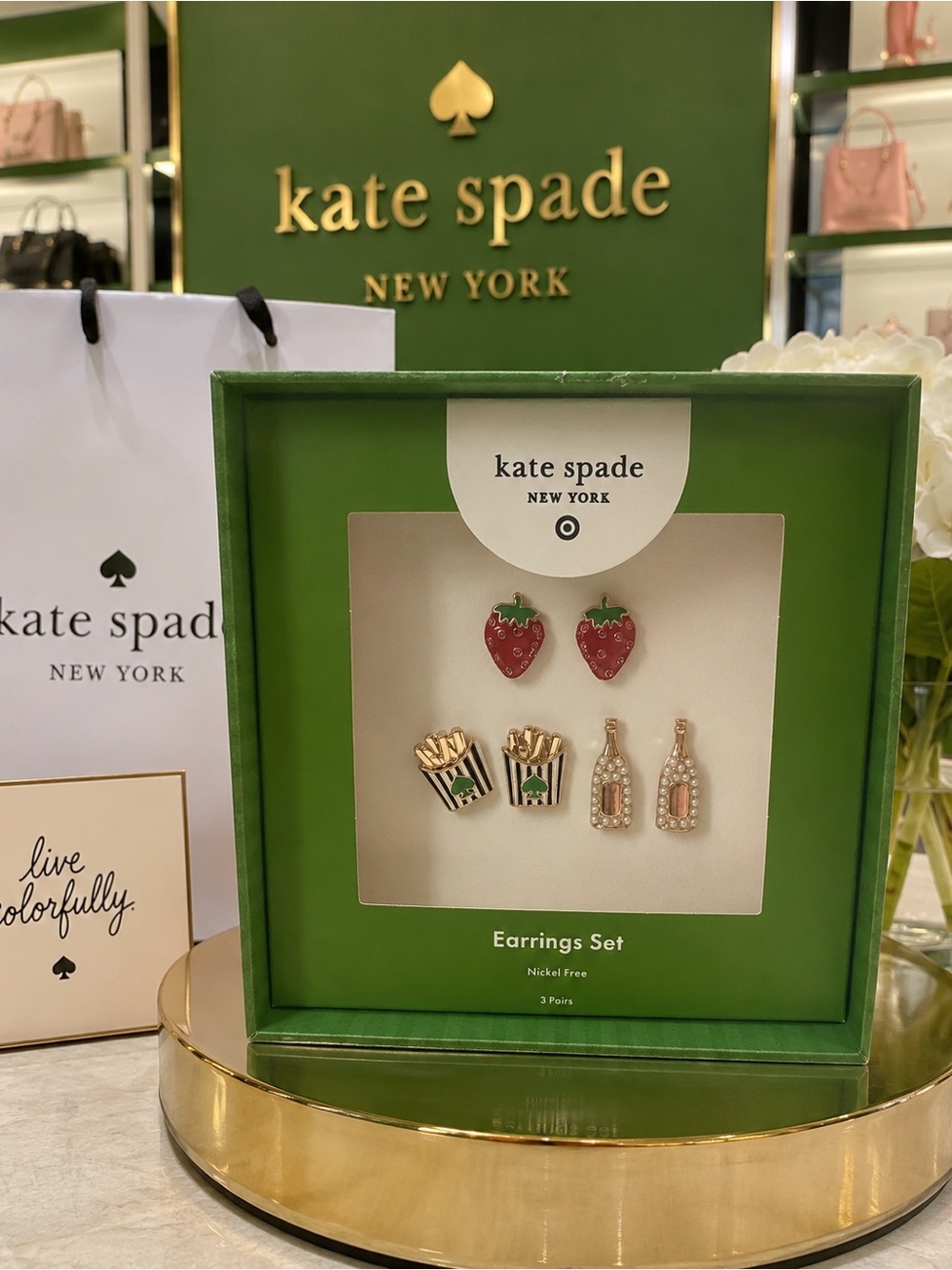 NWT kate spade Earrings Gift Set Strawberry’s French Fries & Champagne